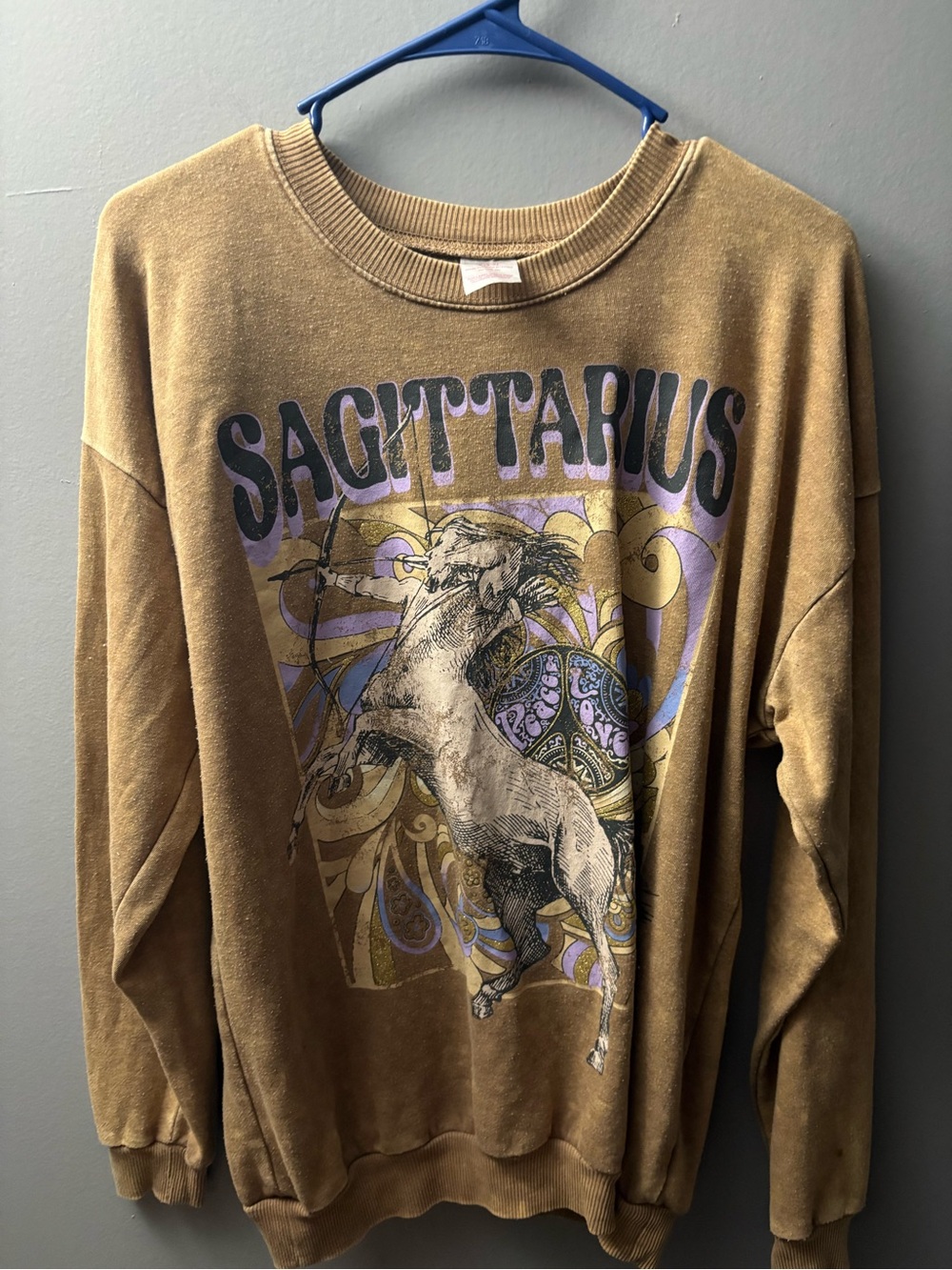 No Boundaries Tan Graphic Sweatshirt with Purple Print